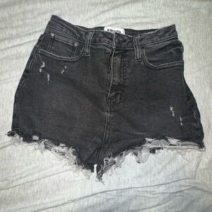 Black Distressed Denim Curvy High Rise Shorts